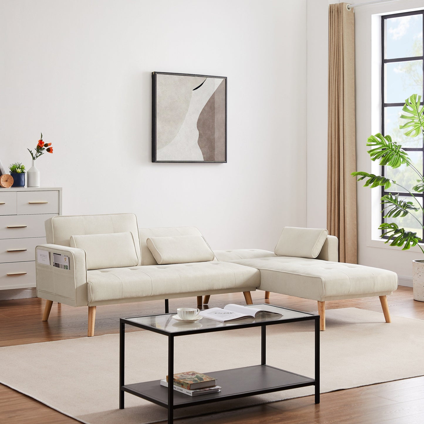 Divano trasformabile a L in lino bianco 94,5 con chaise longue destra, cuscini in schiuma e organizer portaoggetti