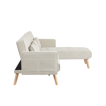 Divano trasformabile a L in lino bianco 94,5 con chaise longue destra, cuscini in schiuma e organizer portaoggetti