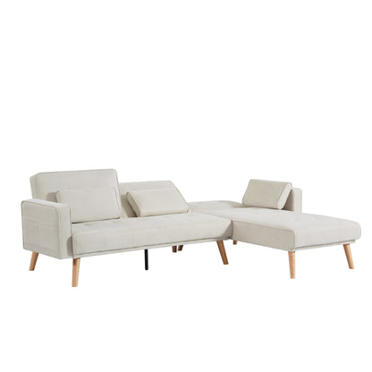 Divano trasformabile a L in lino bianco 94,5 con chaise longue destra, cuscini in schiuma e organizer portaoggetti