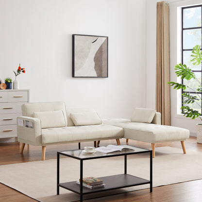 Divano componibile in lino bianco da 94,5'' a 3 posti con chaise longue destra e borsa portaoggetti