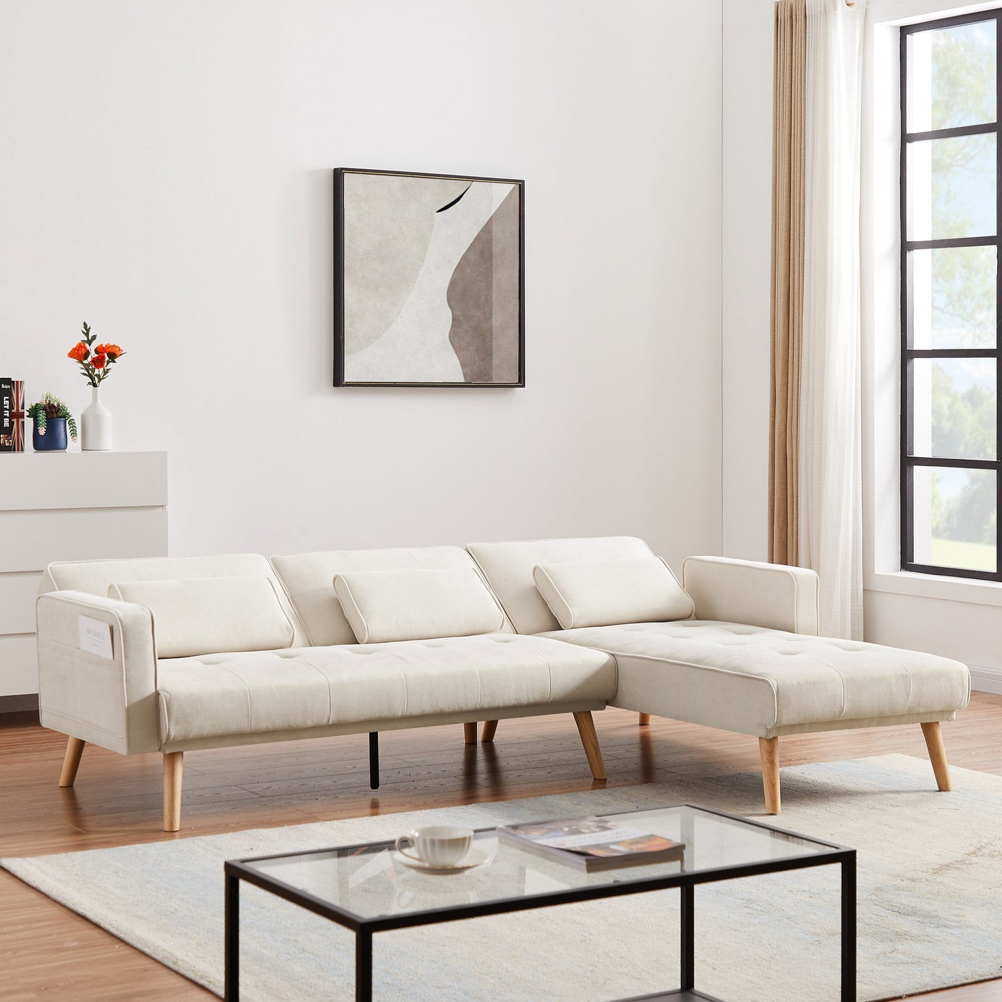 Divano componibile bianco da 94,5'' in lino, a 3 posti, con chaise longue, cuscini in schiuma e borsa organizer, rivolto a destra.