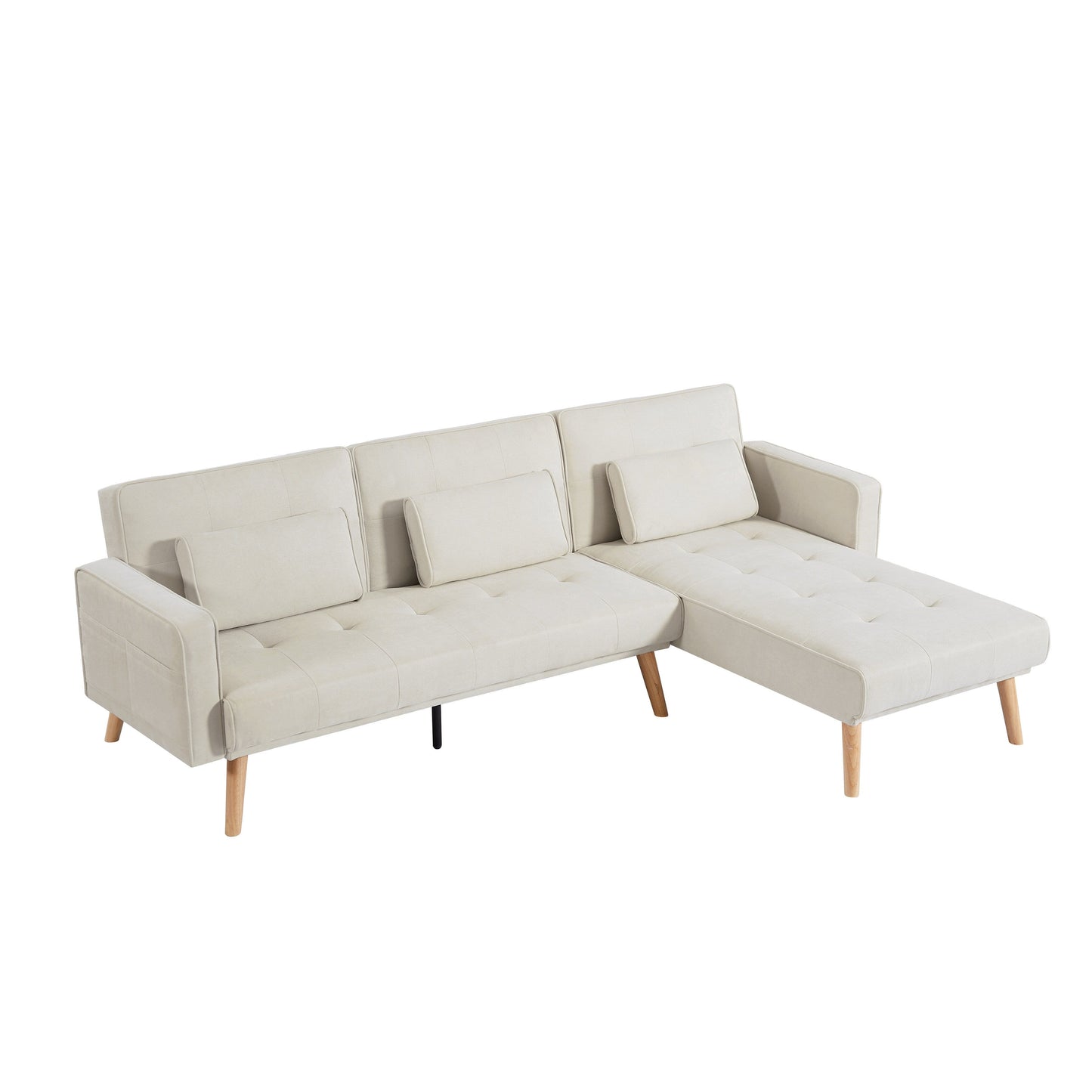 Divano componibile in lino bianco da 94,5'' con chaise longue destra, cuscini in schiuma e tasca portaoggetti