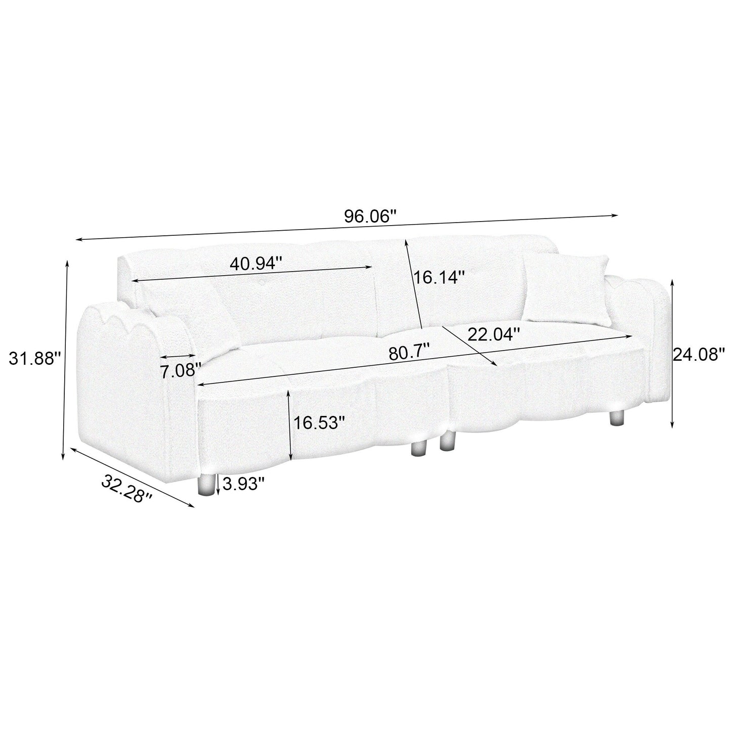 Divano bianco 96.06 Teddy Plush a 3 posti con design speciale a nuvola, seduta in schiuma spessa e cuscini per soggiorno