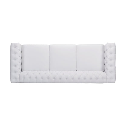 Divano Chesterfield bianco a 3 posti con 83 bottoni, imbottito, trapuntato, borchie e gambe in legno per soggiorno