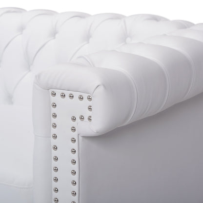 Divano Chesterfield bianco a 3 posti con 83 bottoni, imbottito, trapuntato, borchie e gambe in legno per soggiorno