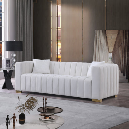 Divano Chesterfield 87.01 bianco a 3 posti con cuscini e rivestimento in velluto per soggiorno