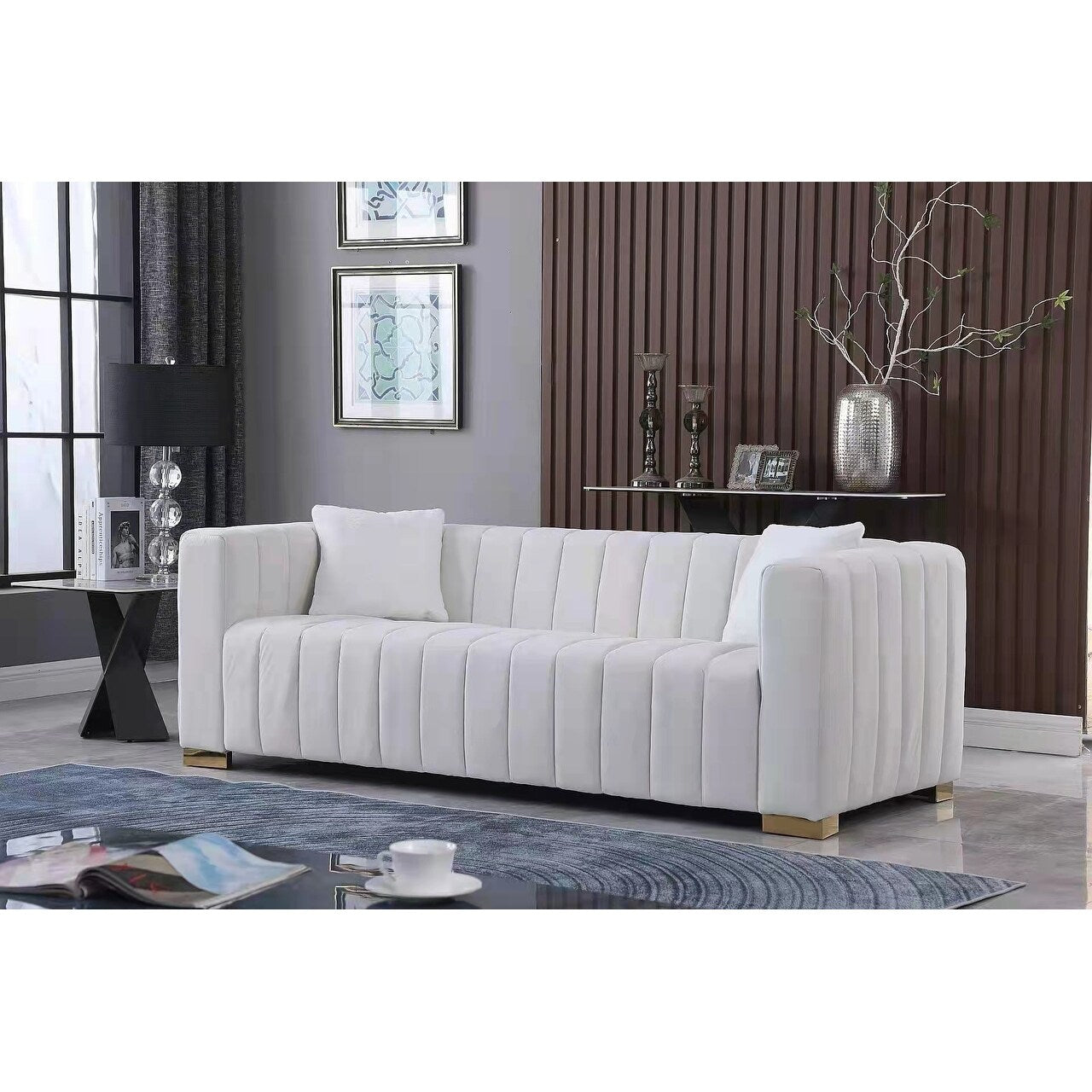Divano Chesterfield 87.01 bianco a 3 posti con cuscini e rivestimento in velluto per soggiorno