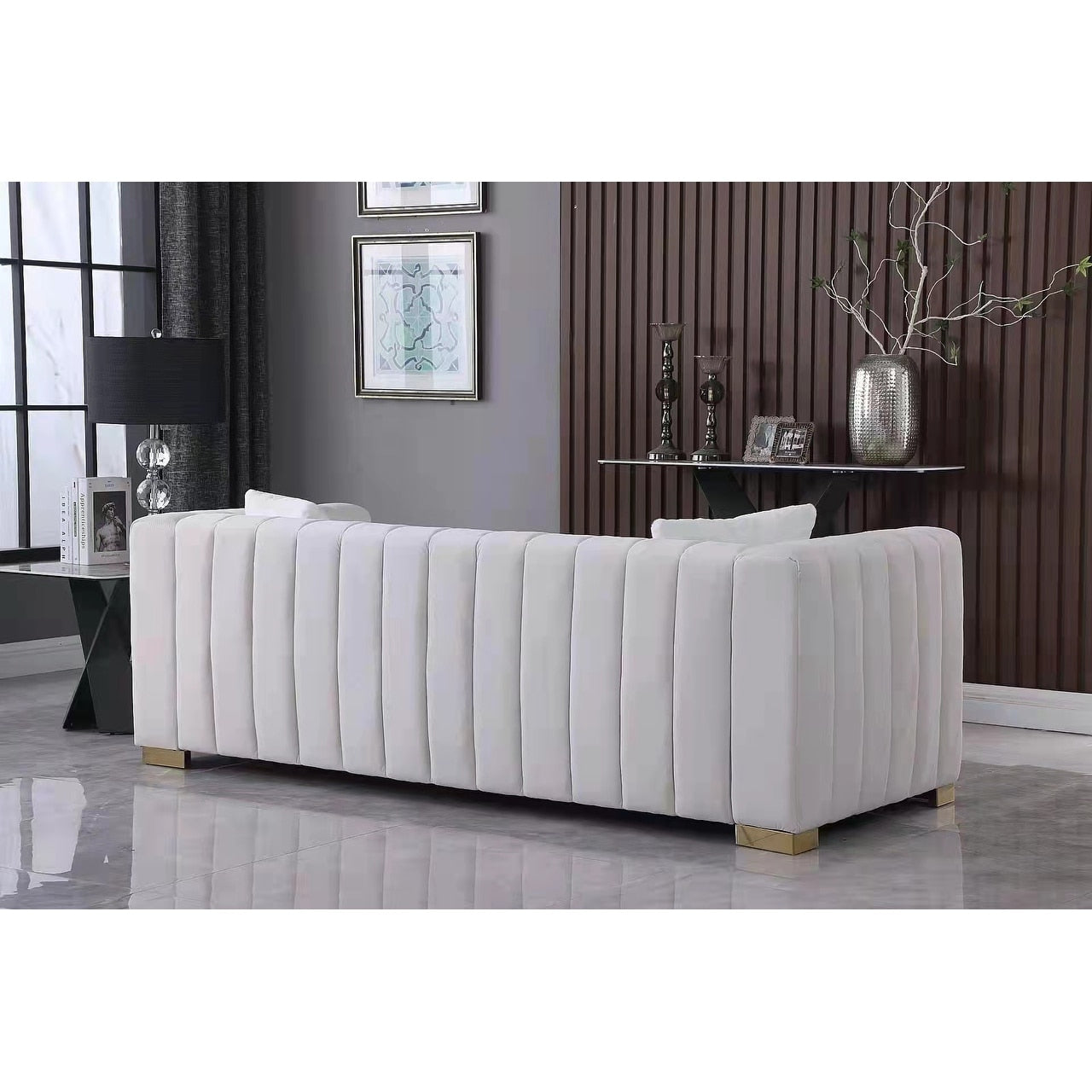 Divano Chesterfield 87.01 bianco a 3 posti con cuscini e rivestimento in velluto per soggiorno