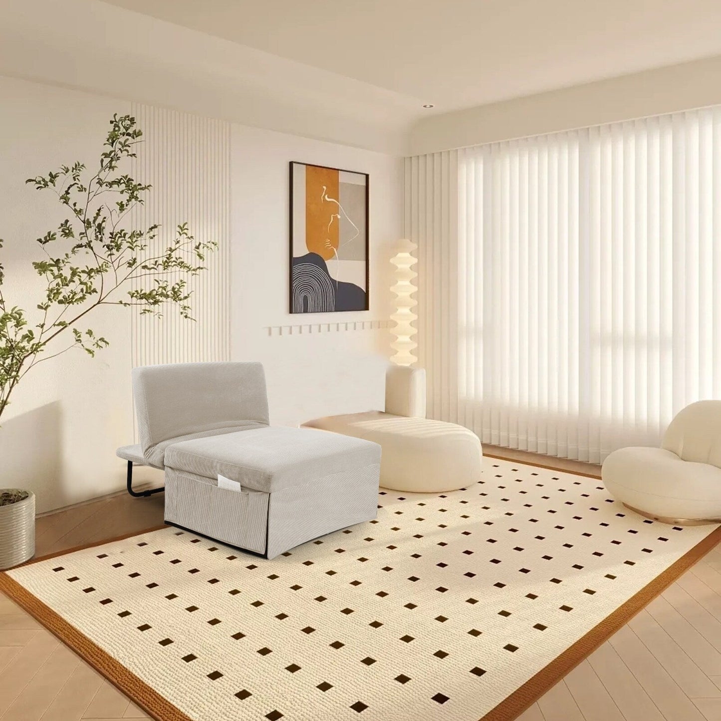 Divano letto singolo convertibile in velluto a coste bianco con schienale reclinabile