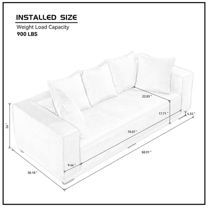 Divano a 3 posti imbottito in velluto a coste bianco con cuscini decorativi