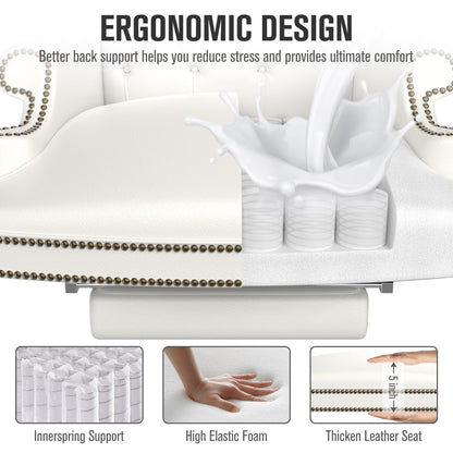 Poltrona girevole ergonomica da ufficio in similpelle bianca con poggiapiedi, schienale con bottoni trapuntati e decorazione con borchie