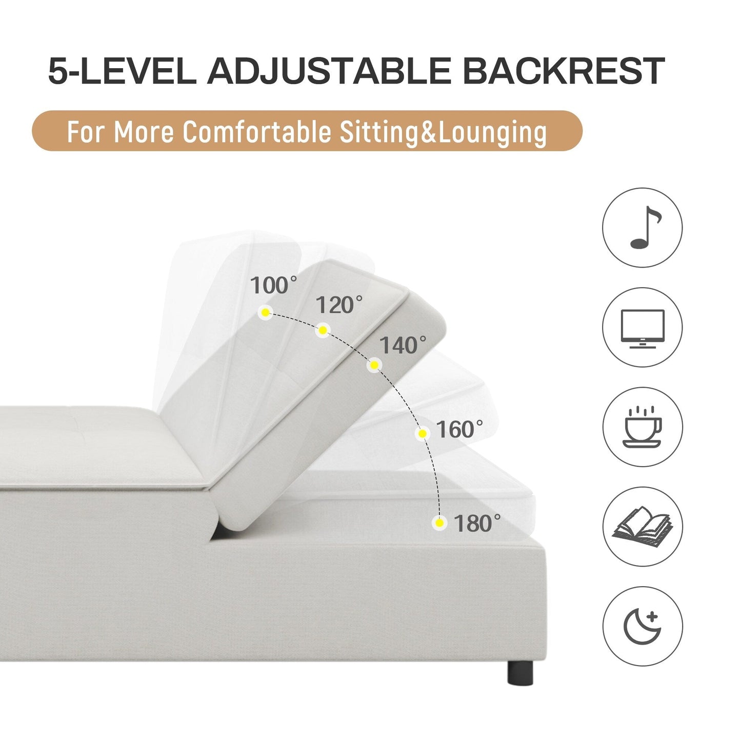 Divano letto in lino bianco con tasca portaoggetti e porta USB