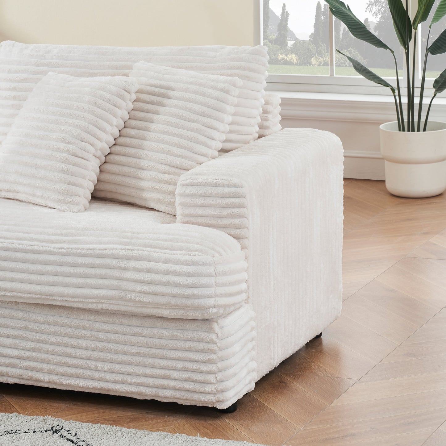 Divano moderno bianco in velluto a coste da 79,3 posti con 4 cuscini coordinati e cuscino a molle individuale per soggiorno