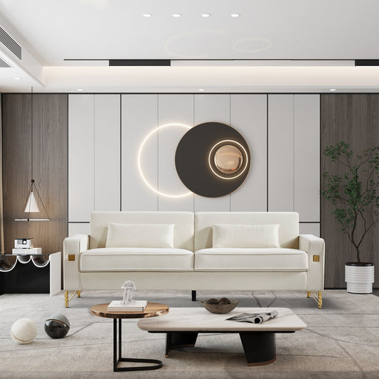 Divano a due posti moderno bianco 85.44 imbottito in velluto con gambe dorate e cuscini per soggiorno