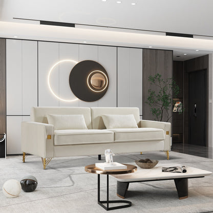 Divano a due posti moderno bianco 85.44 imbottito in velluto con gambe dorate e cuscini per soggiorno