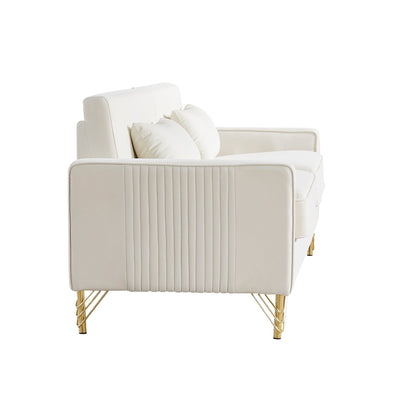 Divano a due posti moderno bianco 85.44 imbottito in velluto con gambe dorate e cuscini per soggiorno