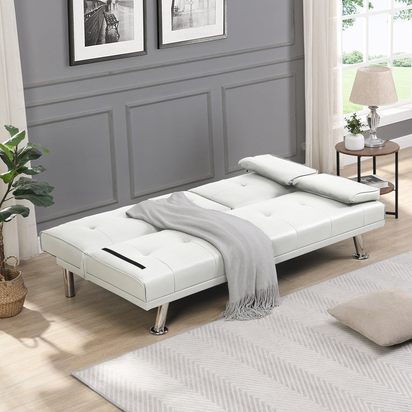 Divano letto a due posti in PVC bianco con struttura in legno