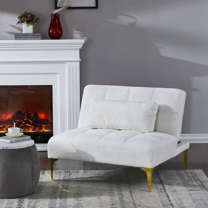 Divano letto singolo modulare in ciniglia Teddy bianco con struttura in legno