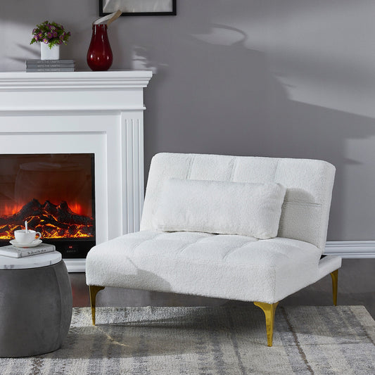 Divano letto singolo modulare in ciniglia Teddy bianco con struttura in legno