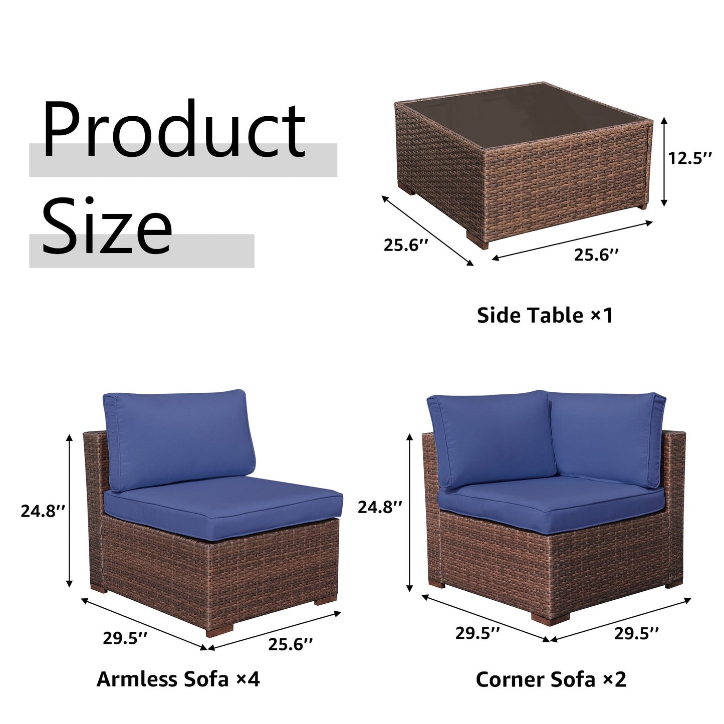 Set di divani componibili imbottiti da esterno in vimini/acciaio da 7 pezzi