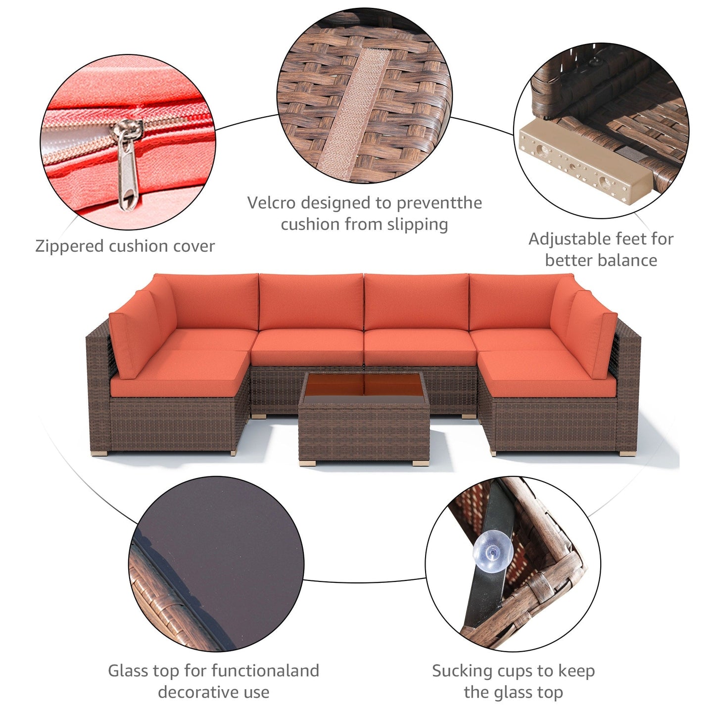 Set di divani componibili imbottiti da esterno in vimini/acciaio da 7 pezzi