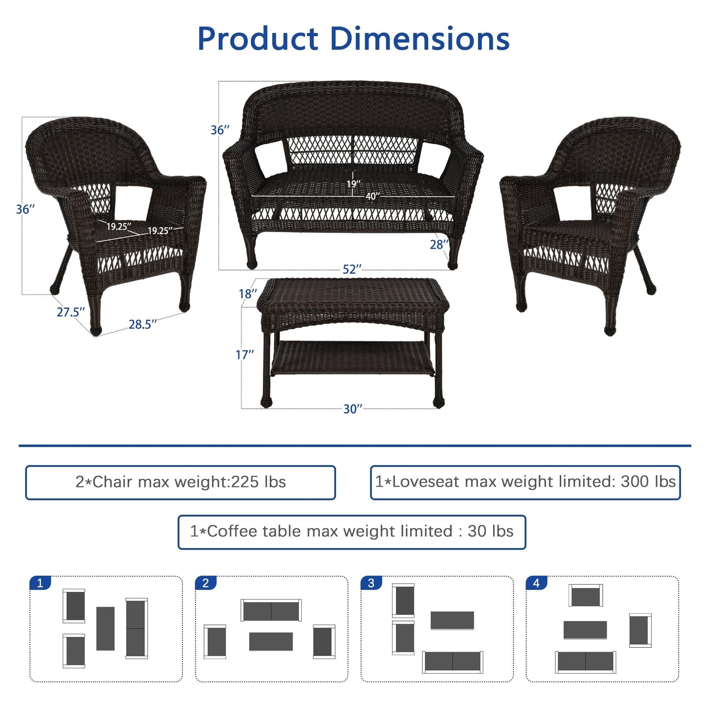 Set da conversazione in vimini da 4 pezzi per patio