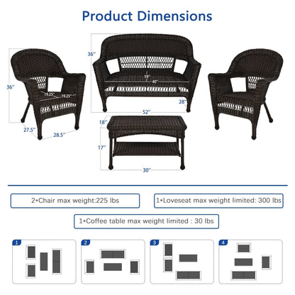 Set da conversazione in vimini da 4 pezzi per patio