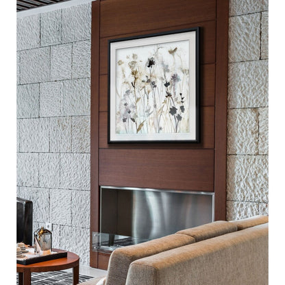 Wildflower Mist I - Stampa incorniciata personalizzata - blu, bianco, grigio, giallo, verde, argento, oro