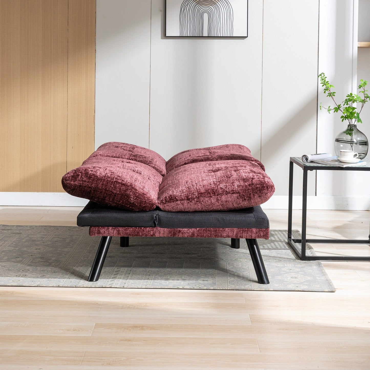 Divano letto futon convertibile in ciniglia rosso vino da 75,6 pollici con gambe in metallo per soggiorno