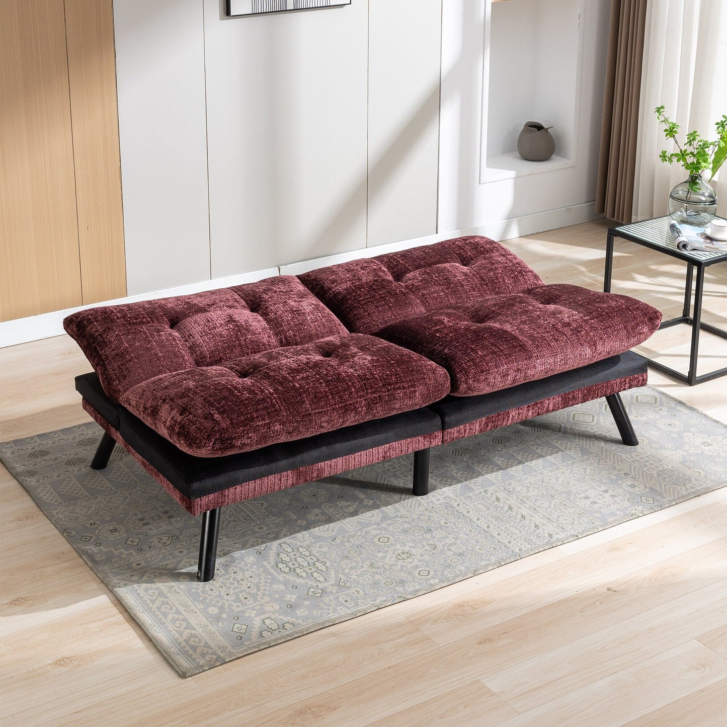 Divano letto futon convertibile in ciniglia rosso vino