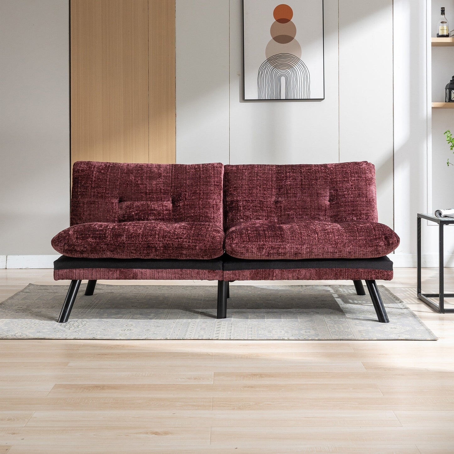 Divano letto futon convertibile in ciniglia rosso vino