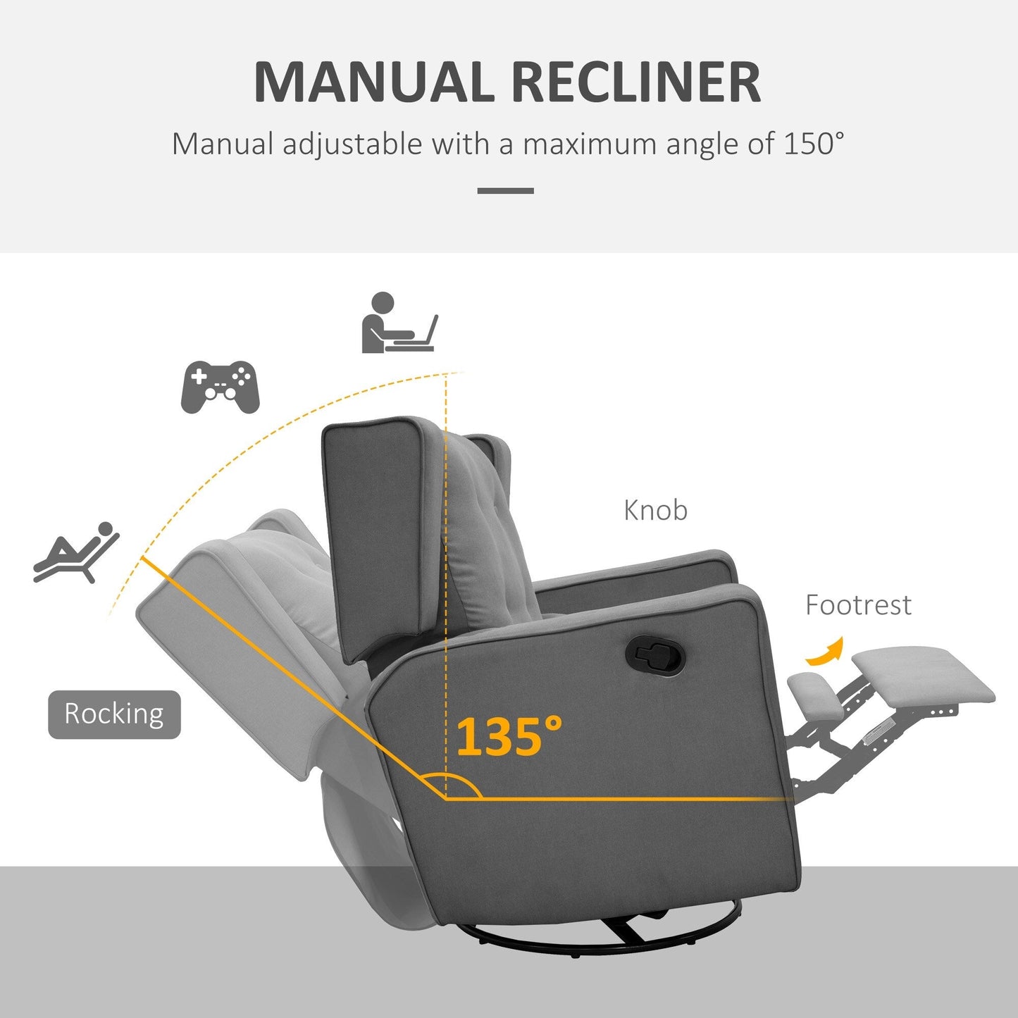 Poltrona reclinabile girevole con schienale ad ala, poltrona da home theater, poltrona imbottita con poggiapiedi retrattile