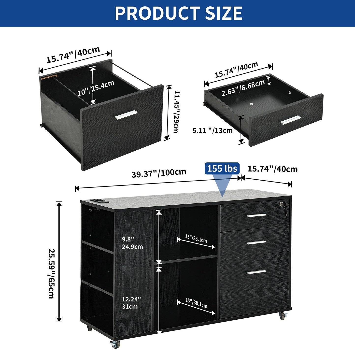 Mobiletto portadocumenti in legno con stazione di ricarica Mobiletto portadocumenti laterale mobile con serratura Adatto a documenti in formato A4 Letter Legal