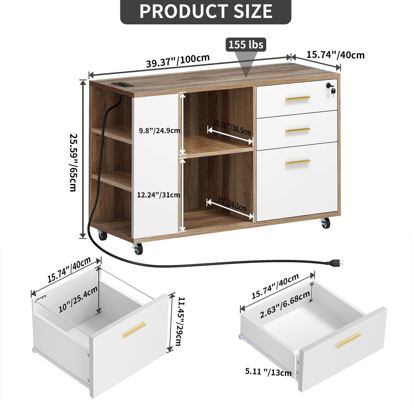Mobiletto portadocumenti in legno con stazione di ricarica Mobiletto portadocumenti laterale mobile con serratura Adatto a documenti in formato A4 Letter Legal