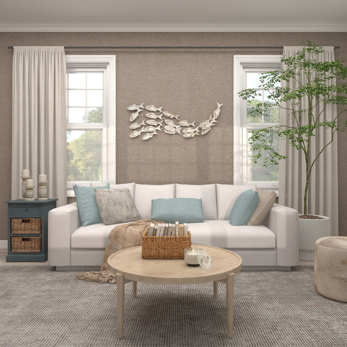 Decorazione murale per la casa a forma di pesce in legno fatto a mano con effetto anticato marrone - Bianco - Roche River Decor