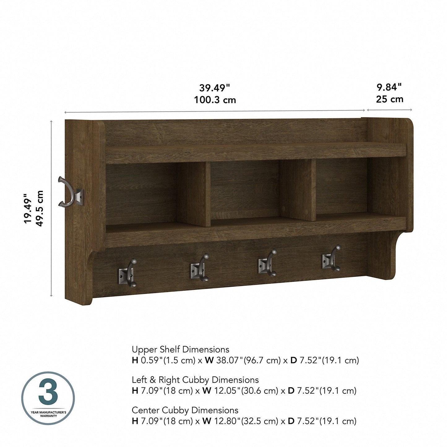 Appendiabiti da parete Woodland 40W con ripiano di Bush Furniture