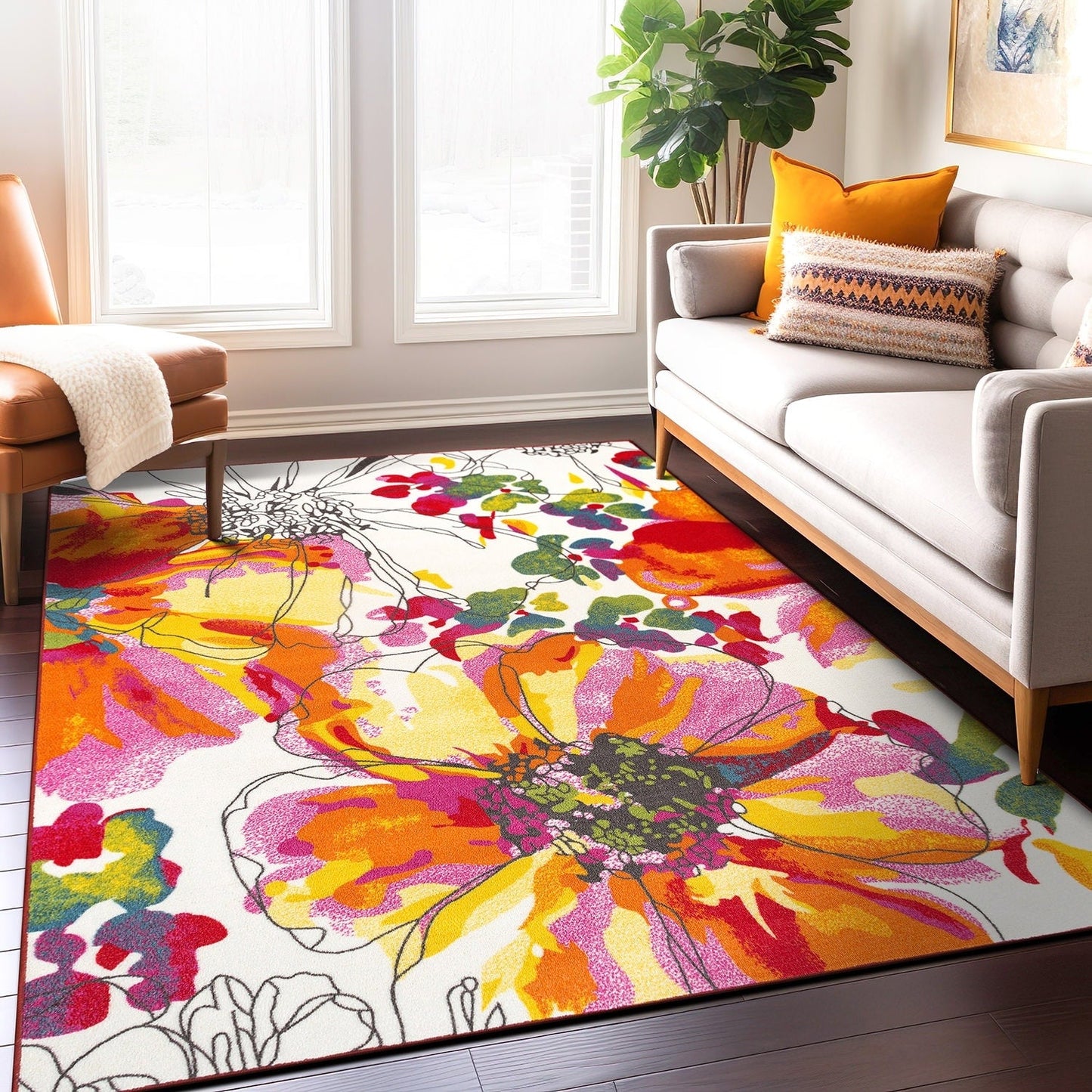 World Rug Gallery Tappeto moderno antiscivolo con fiori luminosi multicolore