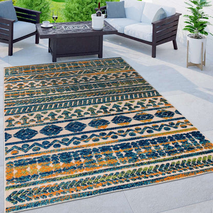 Tappeto per interni/esterni con strisce moderne e motivi geometrici sbiaditi della World Rug Gallery