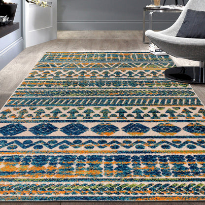 Tappeto per interni/esterni con strisce moderne e motivi geometrici sbiaditi della World Rug Gallery