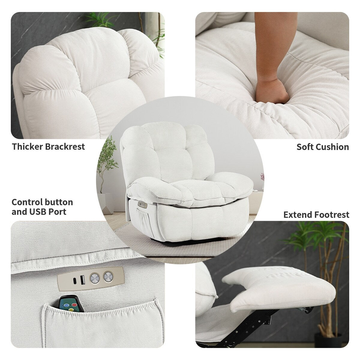 Poltrona reclinabile elettrica XINMICS, poltrona reclinabile massaggiante con riscaldamento, poltrone reclinabili girevoli moderne per adulti con USB