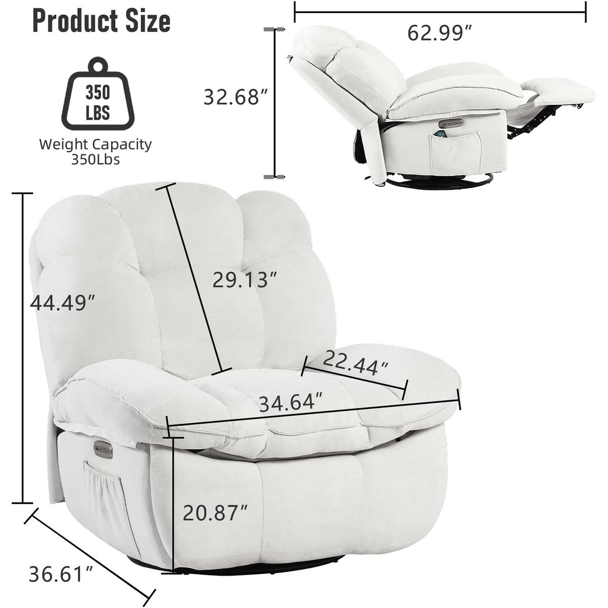 Poltrona reclinabile girevole elettrica XINMICS, poltrone reclinabili massaggianti con riscaldamento, USB, USB-C e tasca laterale