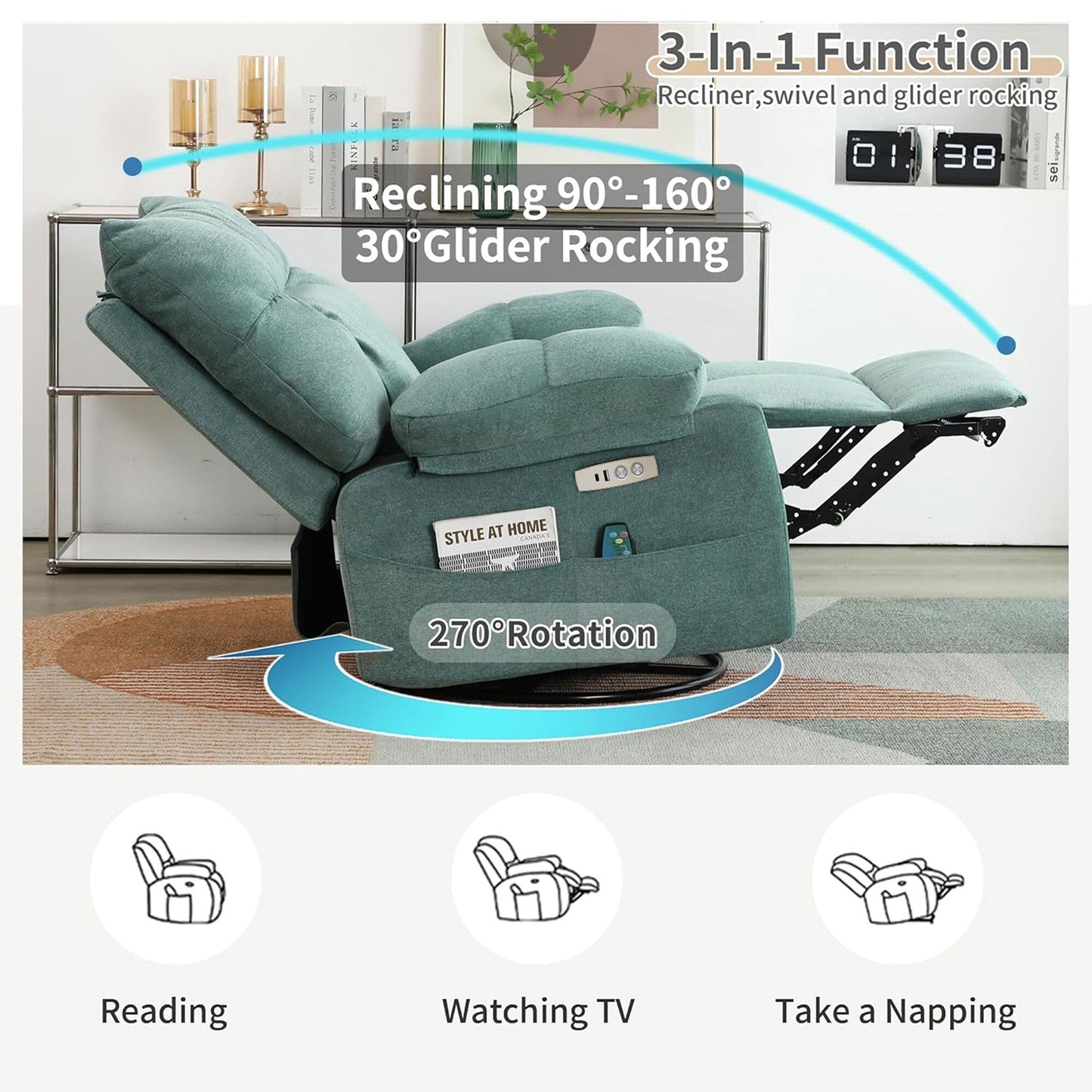 Poltrona reclinabile girevole XINMICS, poltrona reclinabile elettrica Glider con massaggio e riscaldamento