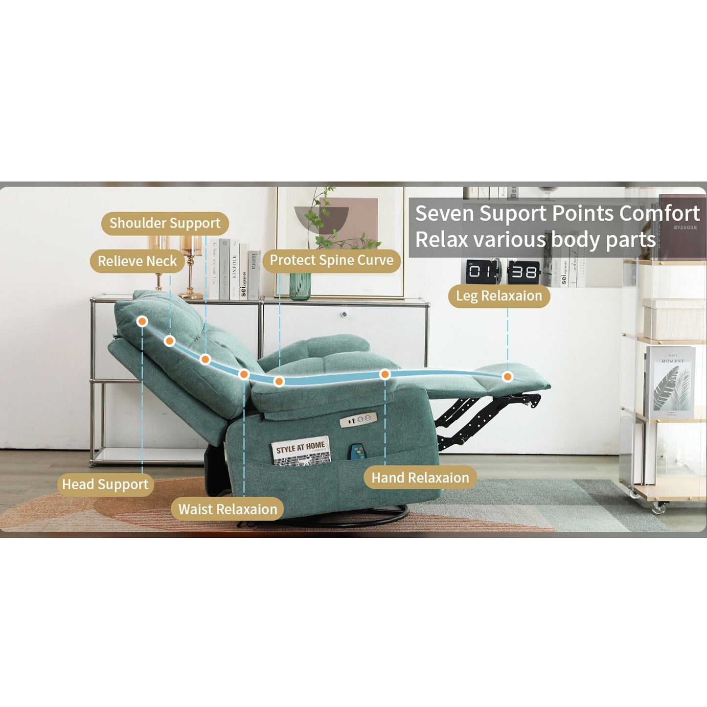 Poltrona reclinabile girevole XINMICS, poltrona reclinabile elettrica Glider con massaggio e riscaldamento