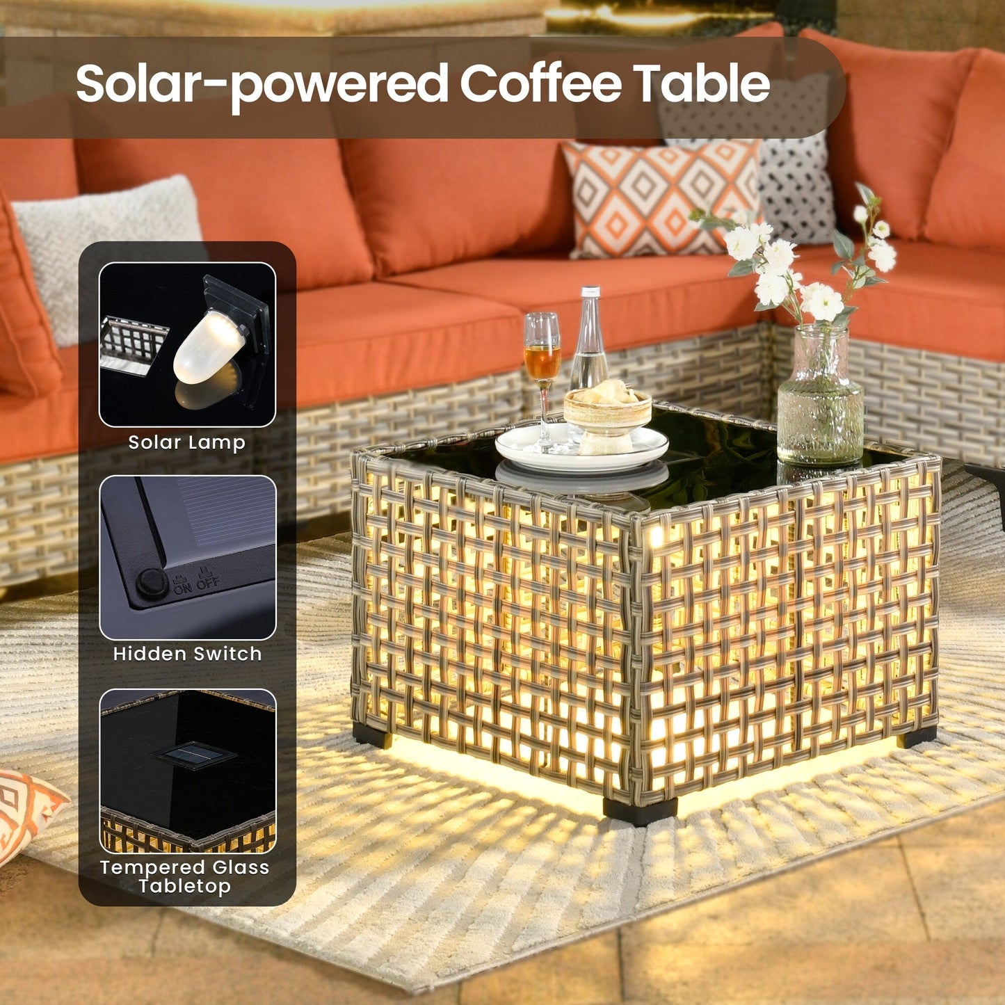 Set di mobili da giardino in rattan e vimini XIZZI da 11 pezzi con tavolo con braciere