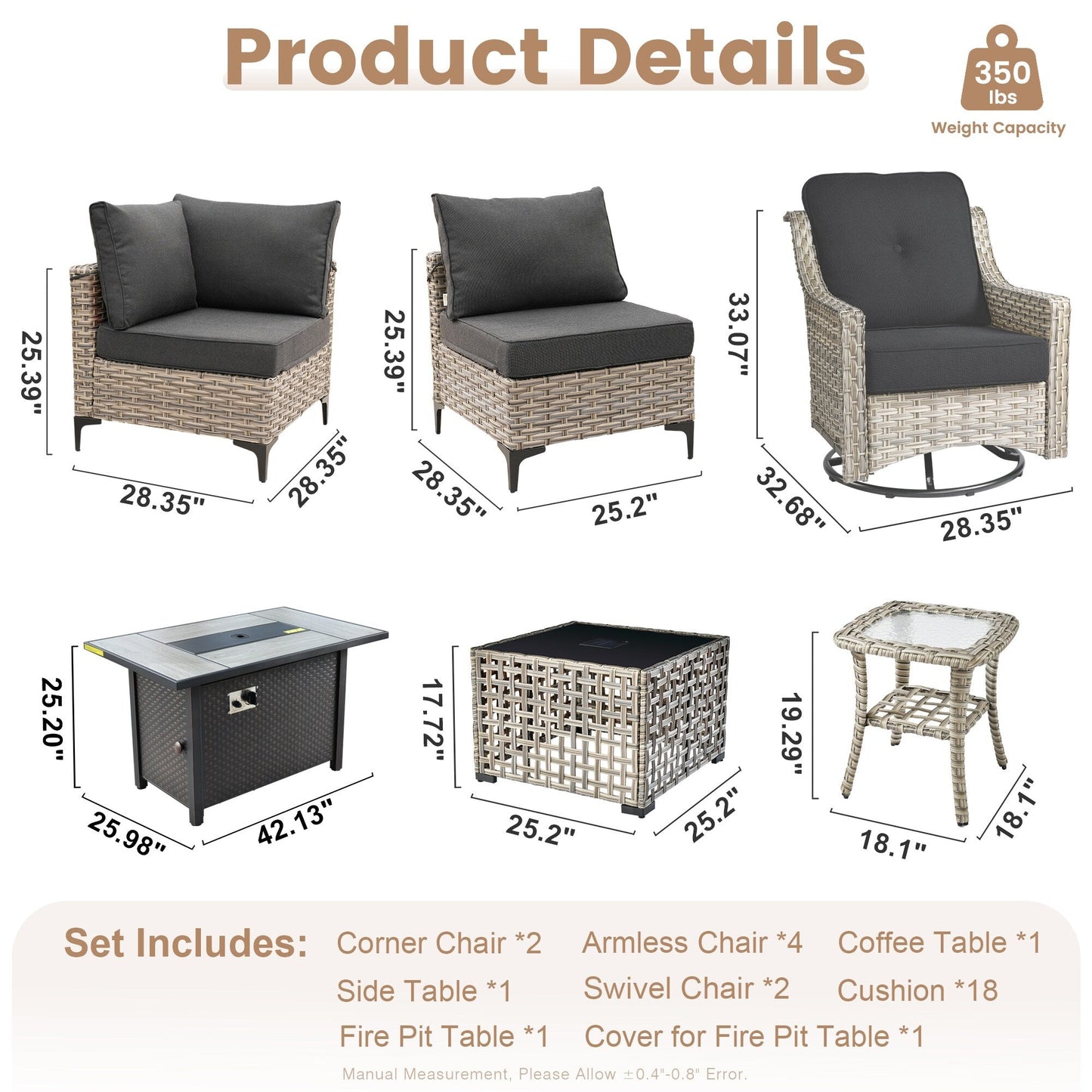 Set di mobili da giardino in rattan e vimini XIZZI da 11 pezzi con tavolo con braciere