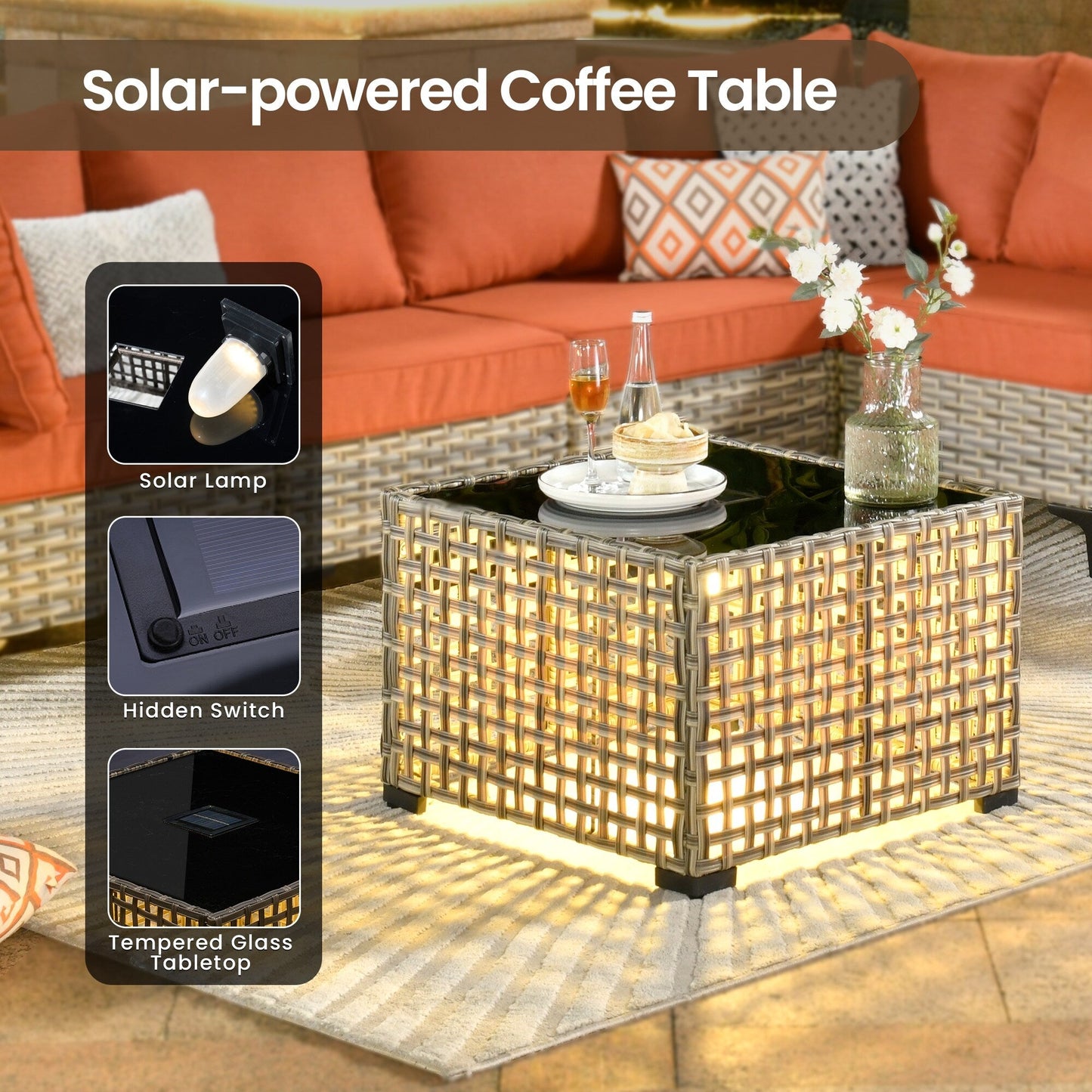 Set di mobili da giardino in rattan e vimini XIZZI da 11 pezzi con tavolo con braciere