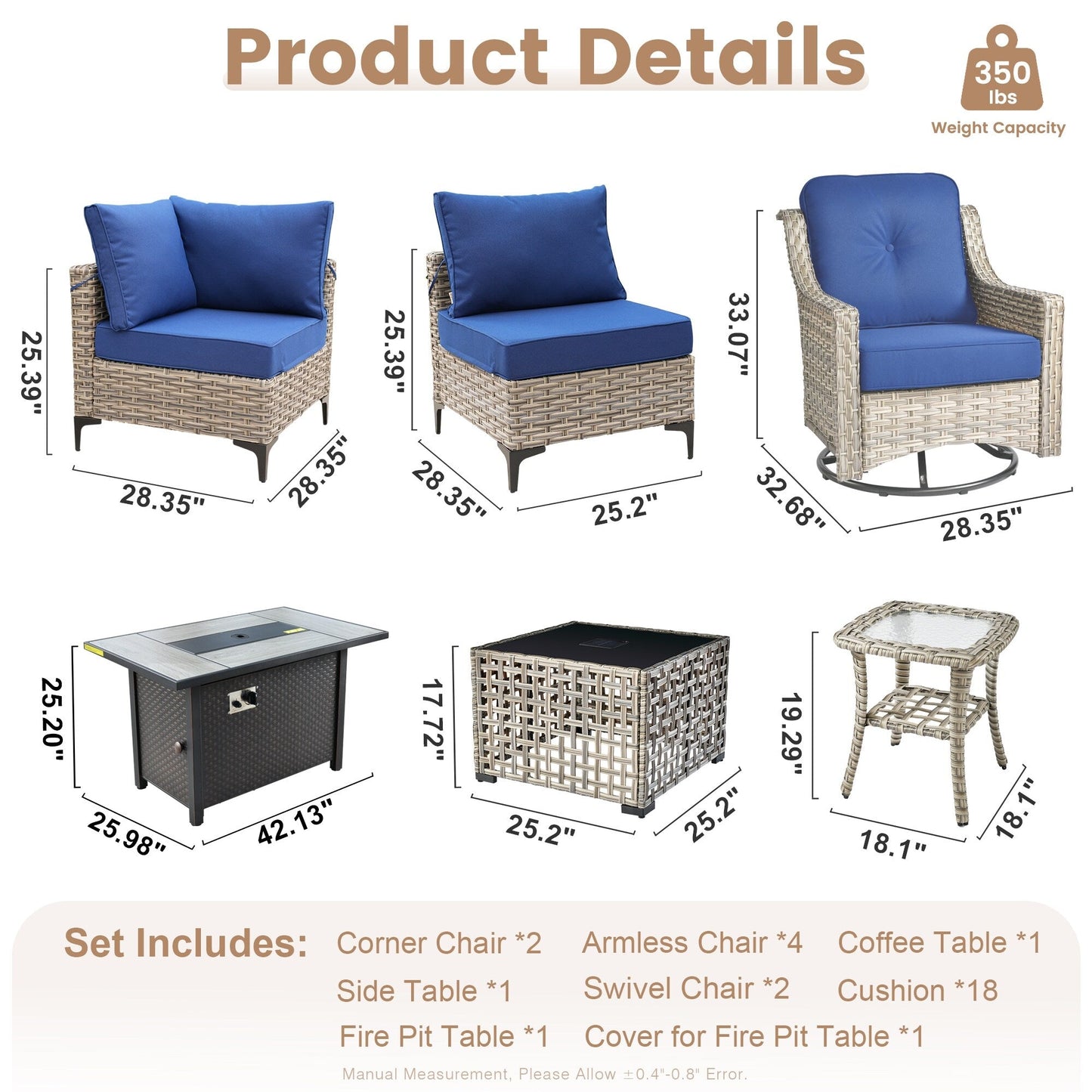 Set di mobili da giardino in rattan e vimini XIZZI da 11 pezzi con tavolo con braciere