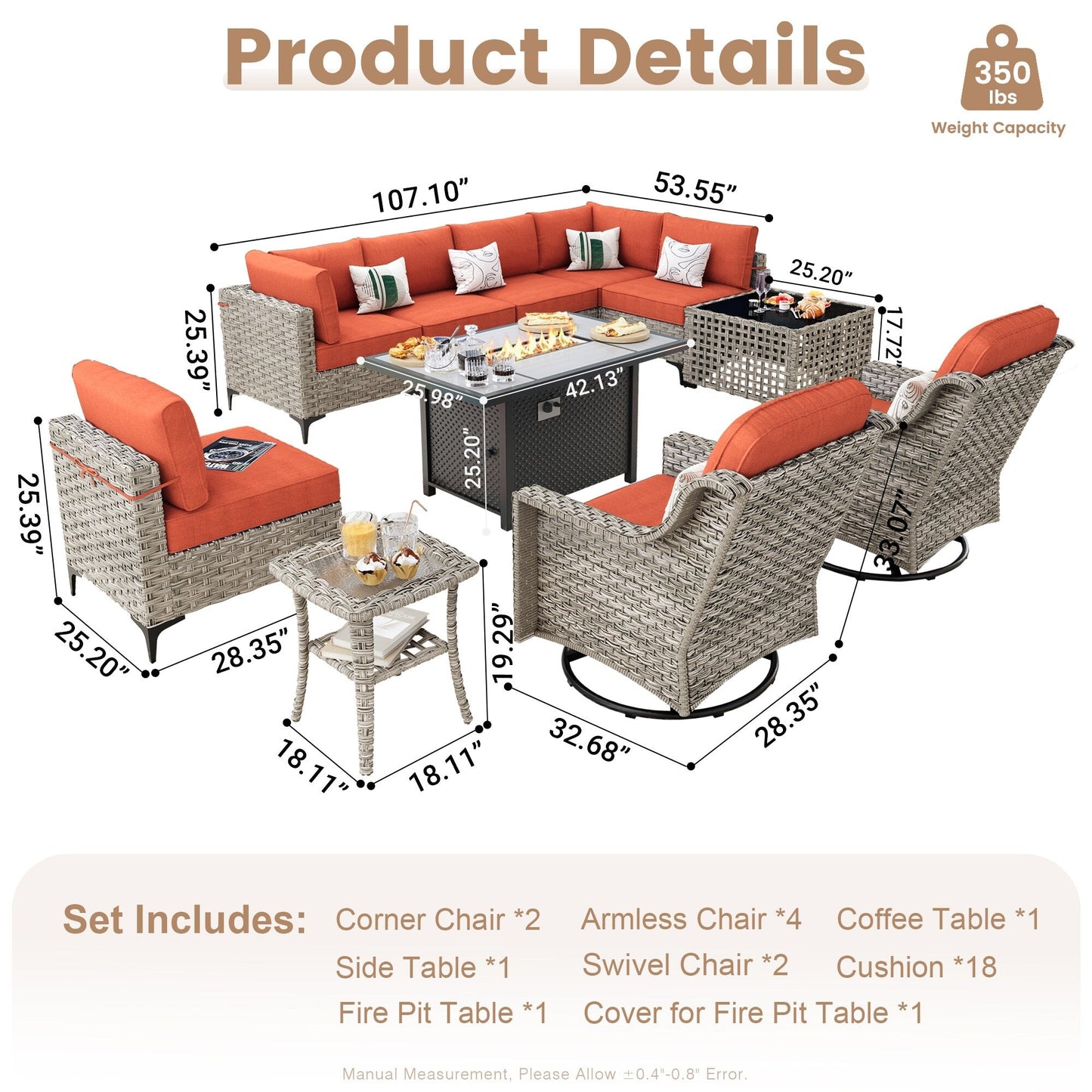 Set di mobili da giardino in rattan e vimini XIZZI da 11 pezzi con tavolo con braciere