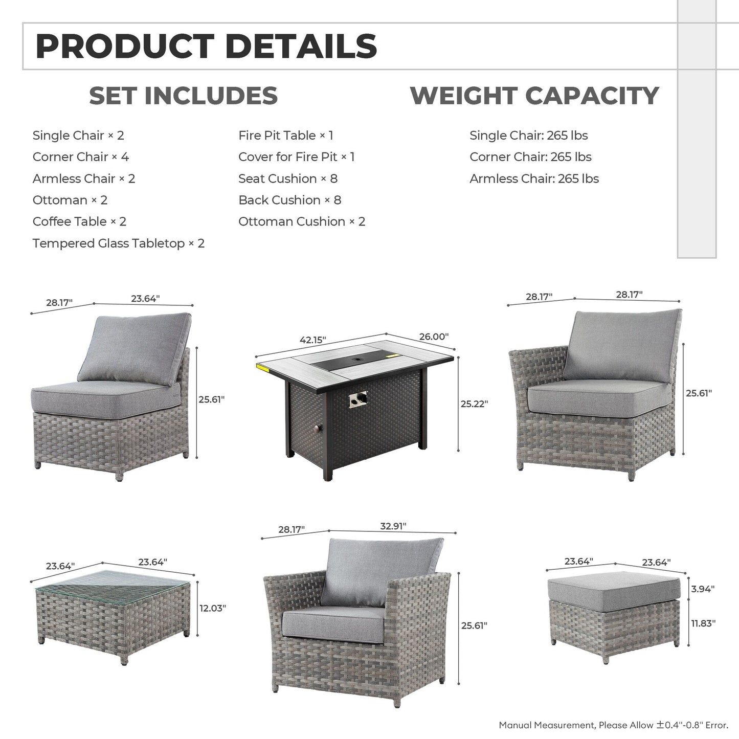 Set di mobili da esterno in vimini da 13 pezzi XIZZI con tavolo da fuoco