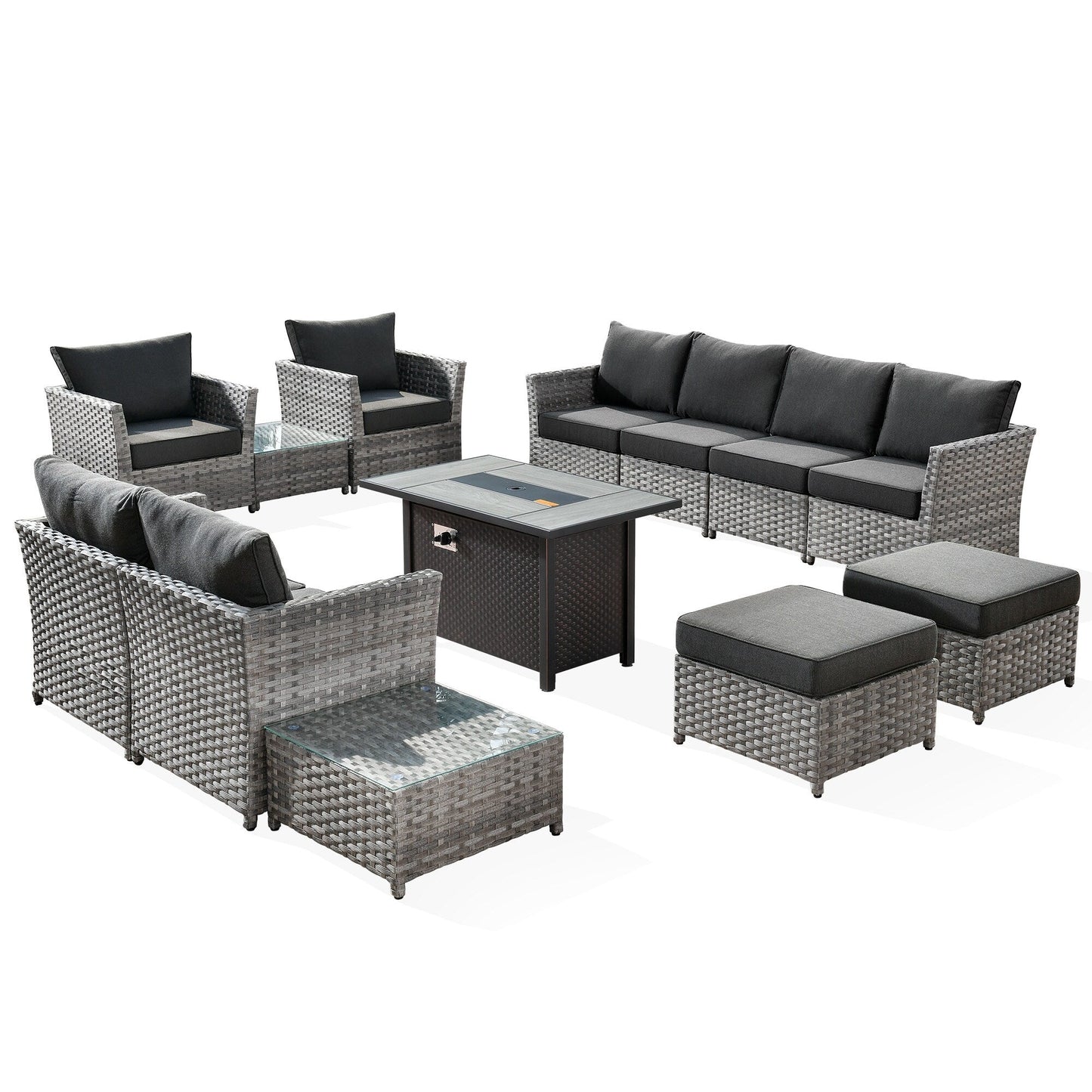 Set di mobili da esterno in vimini da 13 pezzi XIZZI con tavolo da fuoco